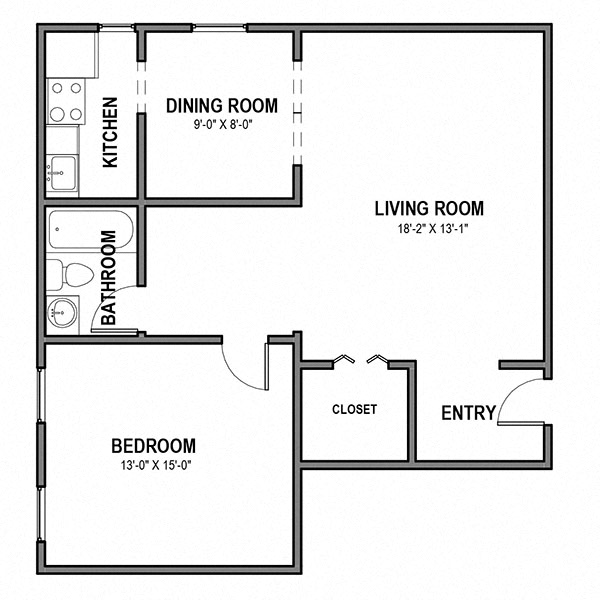 Floor plan for 1 bed, 1 bath, 663 sqft